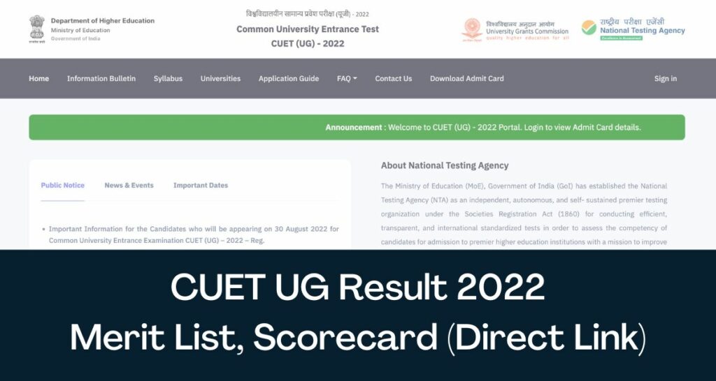 CUET UG Result 2022 - Direct Link Scorecard, Merit List @cuet.samarth.ac.in
