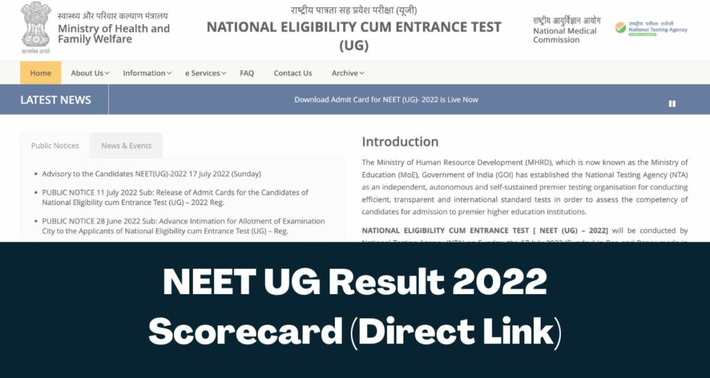 NEET UG Result 2022 - Direct Link MBBS/BDS Scorecard @neet.nta.nic.in